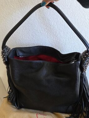 Christian Louboutin Eloise Black Leather Fringe Hobo Bag with Stud Accents